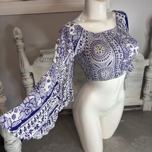 Jaase Blue and White Floral Boho Blouse